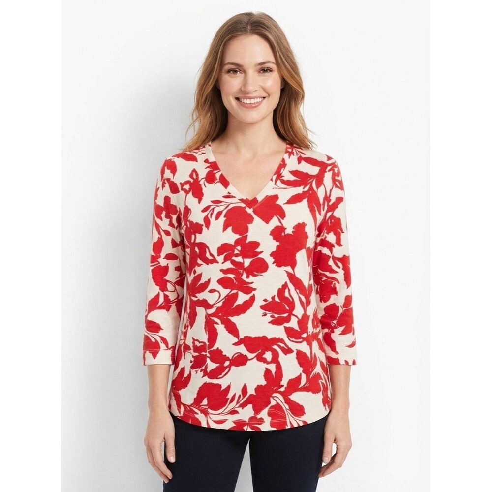 Chico's Womens Top Size 3 Red Floral Knit Stretch Pullover 3/4 Slv V-Neck XL